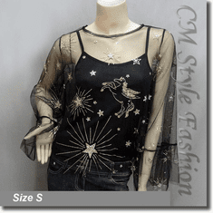 Fantasy Glittering Stars Flying House Sheer Blouse Top Black