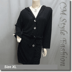 Floral Lace Hoodie Jacket Frock Tunic Top with Belt Black