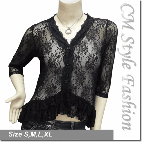 Floral Lace Sheer Cardigan Blouse Top Black