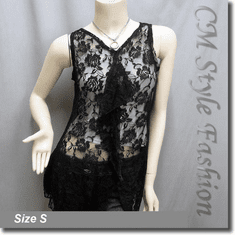Floral Lace Sheer Ruffle Flowery Tank Tunic Top Black
