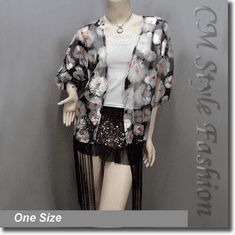 Floral Mesh Kimono Sleeve Fringes Cardigan Top Black Gray
