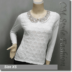 Floral Organza Sequined Beaded Peter Pan Collar Shirt Blouse Top White