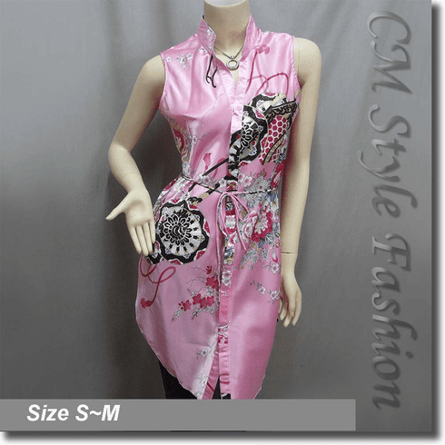 Floral Prints Shirt Dress Tunic Satin Top Pink