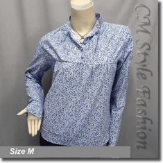 Floral Retro Vintage Stand Up Collar Blouse Shirt Top Blue