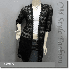 Floral Sheer Lace Crochet Trimmed Long Cardigan Top Black