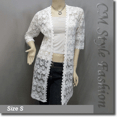 Floral Sheer Lace Crochet Trimmed Long Cardigan Top Off White