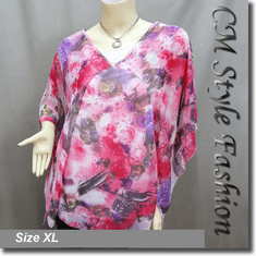 Flowy Chiffon Abstract Floral Print Boho Top Red Pink Purple