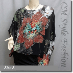 Flowy Chiffon Floral Dual Layered Tunic Top Black
