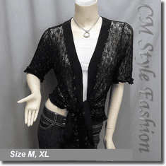 Flowy Ruffled Floral Lace Cardigan Black