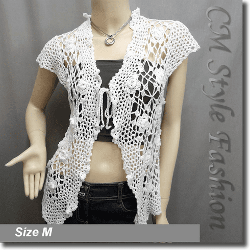 Front Tie Applique Crochet Knit Top White