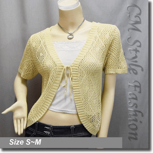 Front Tie Eyelet Crochet Cardigan Sweater Top Beige