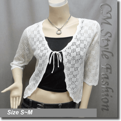 Front Tie Eyelet Crochet Knit Cardigan Top Off White