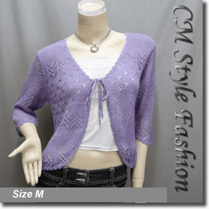 Front Tie Eyelet Knit Shrug Bolero Top Purple