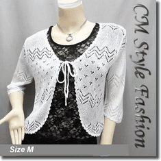 Front Tie Eyelet Knit Shrug Bolero Top White
