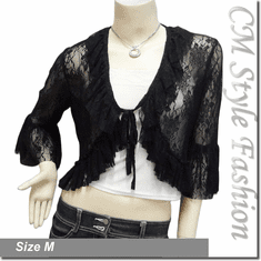 Front Tie Lace Shrug Cropped Bolero Cardigan Topper Black