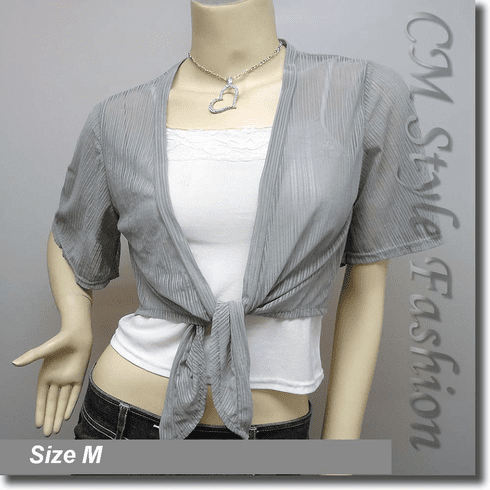 Front Tie Sheer Bolero Shrug Cropped Cardigan Top Gray