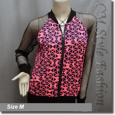 Geometric Prints Net Sleeves Front Zip Jacket Blouse Top Black Pink
