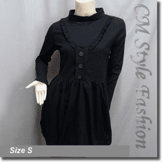 Girlie Ruffled Buttons Smock Tunic Dress Top Black