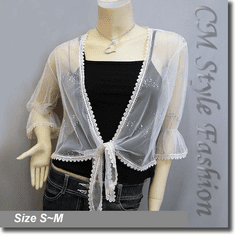 Glam Sheer Mesh Front Tie Shrug Cropped Bolero Topper Beige