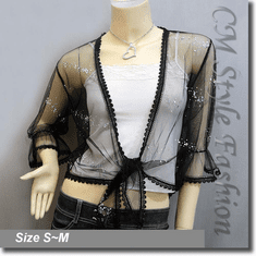 Glam Sheer Mesh Front Tie Shrug Cropped Bolero Topper Black