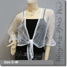 Glam Sheer Mesh Front Tie Shrug Cropped Bolero Topper White