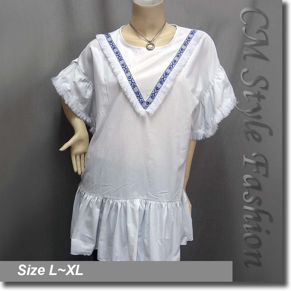 Indiana Style Hippie Bohemian Indiana Style V Fringe Frock Tunic Top White