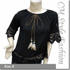 Hippie Crochet Trimmed Chiffon Peasant Boho Top Black