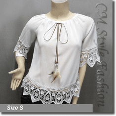 Hippie Crochet Trimmed Chiffon Peasant Boho Top Off White