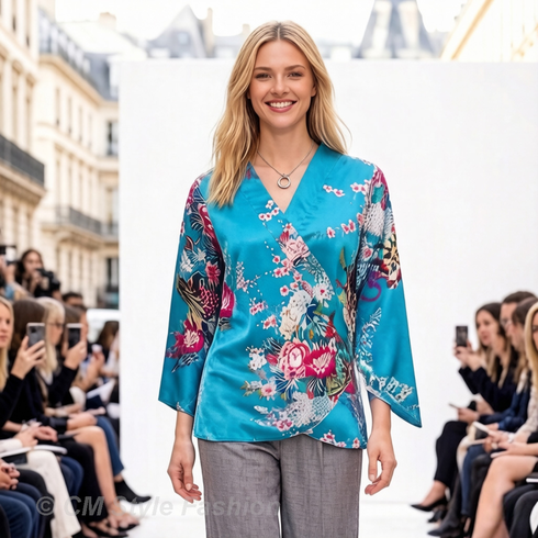 Kimono Design Wrap Tie Top Blue