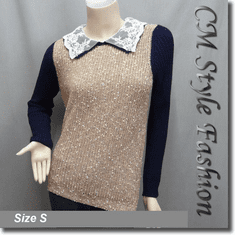 Lace Peter Pan Collar Sweater Top Brown Blue
