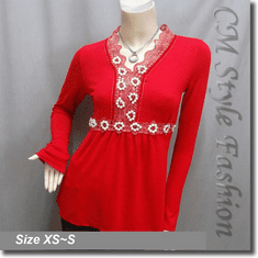 Lace Trimmed Beaded Rhinestone Empire Waist Boho Blouse Top Red