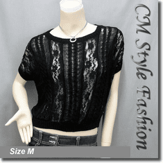 Loose Fit Lace Patch Knit Cropped Boho Top Black