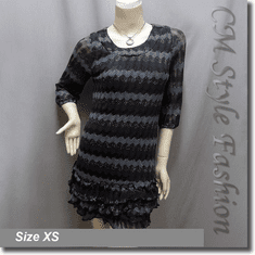 Metallic Thread Zig Zag Ruffled Tunic Dress Top Black Gray
