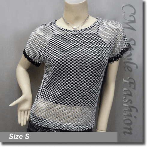 Net Mesh Lace Pullover and Black Camisole Top Set Black Silvery