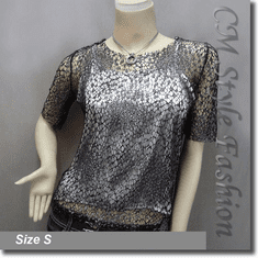 Net Mesh Pullover and Silver Camisole Top Set Black Silver