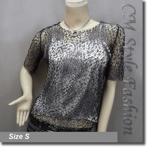 Net Mesh Pullover and Silver Camisole Top Set Black Silver