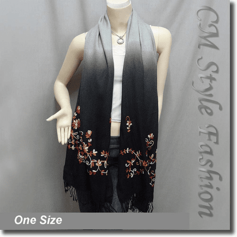 Ombre Fringe Floral Embroidery Scarf Drape Shawl Black Gray
