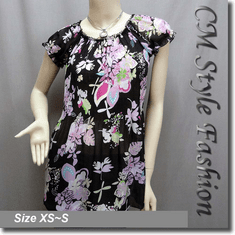 On Off Shoulder Floral Print Smock Peasant Tunic Top Black