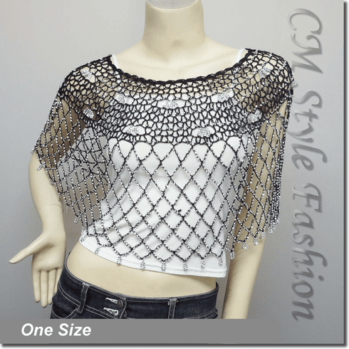Party Wear Crochet Knit Net Poncho Wrap Cape Black w/ Silvery Beads
