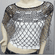 Party Wear Crochet Knit Net Poncho Wrap Cape Black w/ Silvery Beads