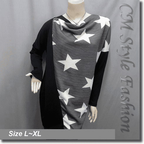 Patchwork Star Pattern Drapy Tunic Smock Top Black
