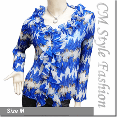 Pepper Prints Ruffle Frill Trim Pleated Flute Semi Sheer Top Blue White