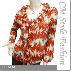 Pepper Prints Ruffle Frill Trim Pleated Flute Semi Sheer Top Orange Beige
