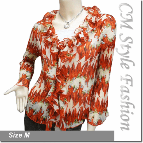 Pepper Prints Ruffle Frill Trim Pleated Flute Semi Sheer Top Orange Beige