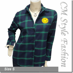 Plaid Checked Gingham Smiley Face Shirt Top Blue Green