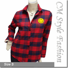 Plaid Checked Gingham Smiley Face Shirt Top Red Blue