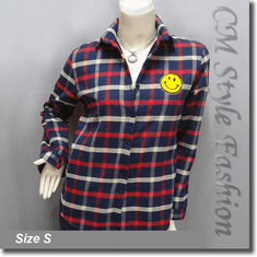 Plaid Checked Gingham Smiley Face Shirt Top Red Blue Beige