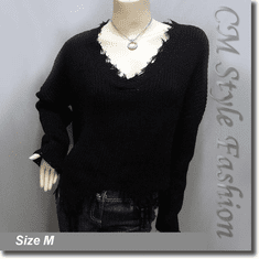 Ribbed Knit Grunge Shredded Boxy Sweater Pullover with Rips Top Black