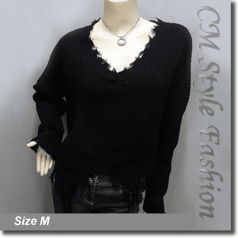 Ribbed Knit Grunge Shredded Boxy Sweater Pullover with Rips Top Black