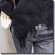 Ribbed Knit Grunge Shredded Boxy Sweater Pullover with Rips Top Black